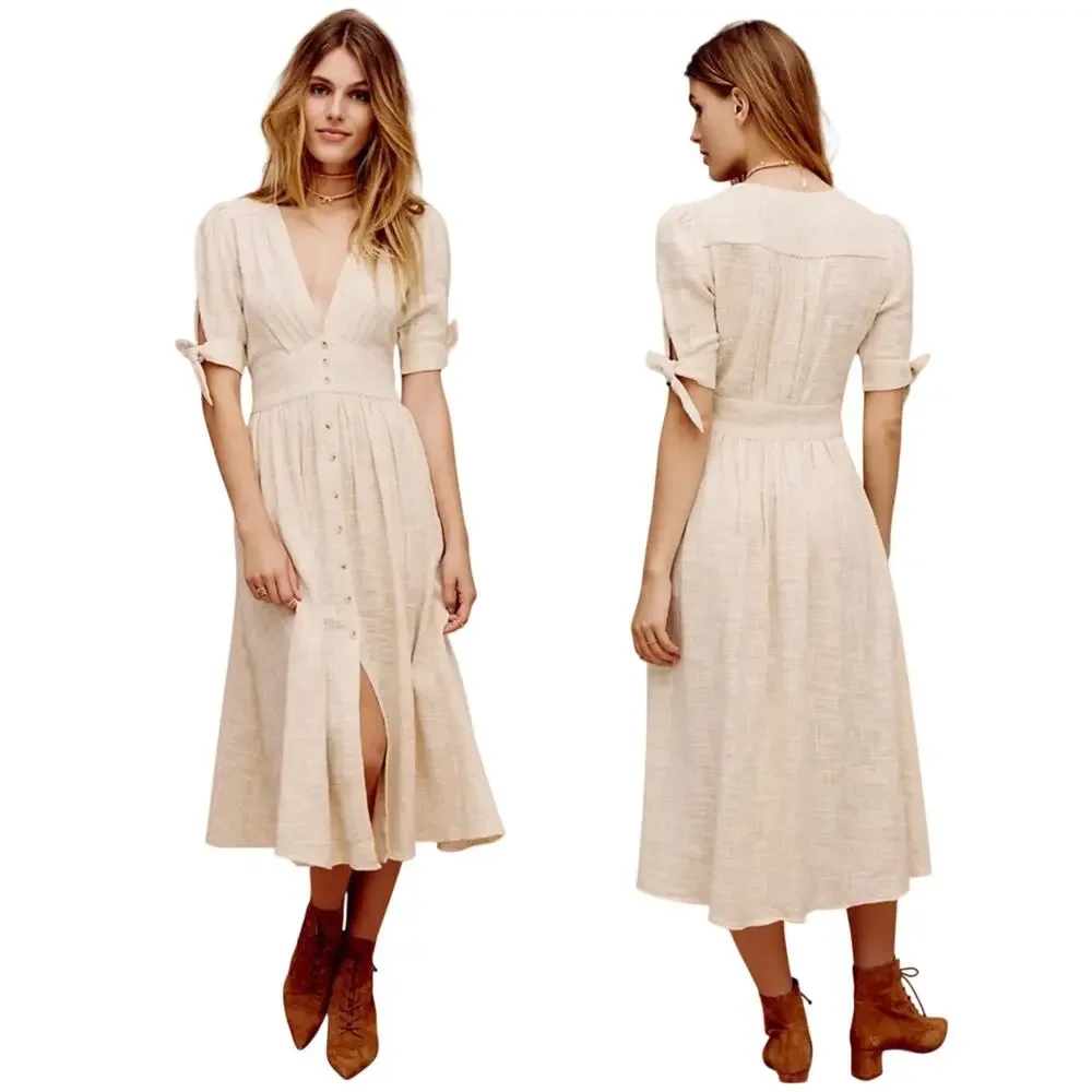 Free People Love of My Life Cotton Gauze Prairie Festival Midi Dress Ivory Boho - Picture 5 of 11